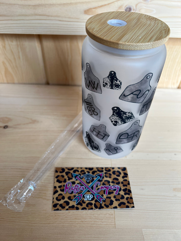 Cowhide Cattle Tag Frosted Glass Western 16 oz Tumbler