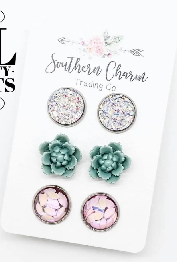 Crystal/Mint Flowers/Pink Glitter Petals in Stainless