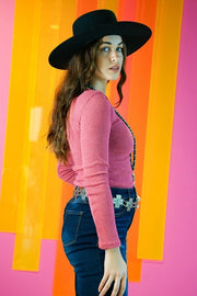Pink Ribbed Concho Button
Up Long Sleeve Bodysuit