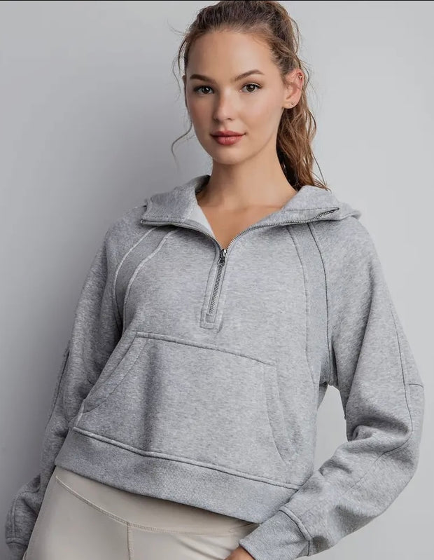 Grey Cropped Quarter Zip Up Hoodie