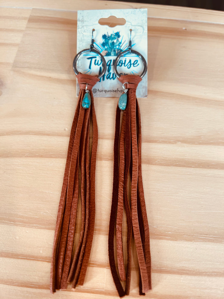 Fringe turquoise stone leather earrings