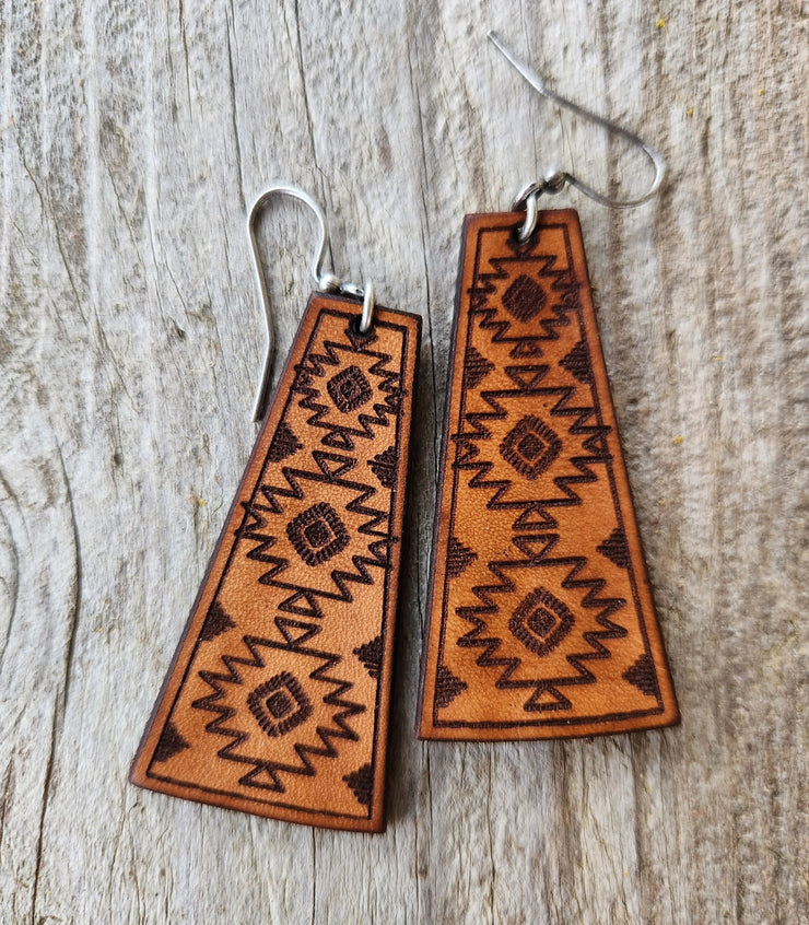 Yuma" Handmade Tooled Leather Aztec Earrings