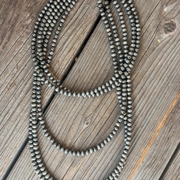 Faux Silver Beaded Navajo Pearl Strand Stackable Necklace 24 inch 4 mm