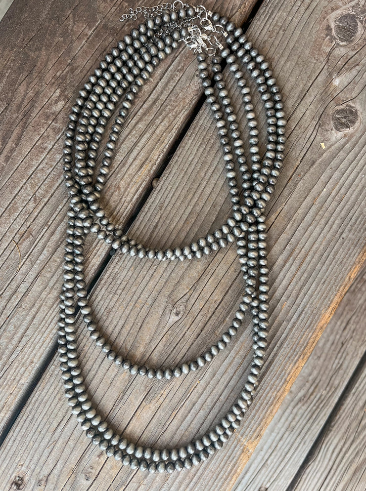 Faux Silver Beaded Navajo Pearl Strand Stackable Necklace 6mm 30 inches