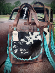 Turquoise buckstitch Cowhide Tote