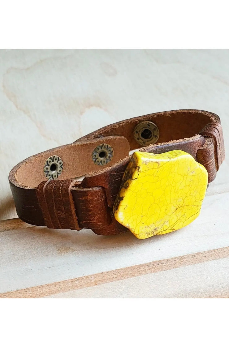 YELLOW TURQUOISE SLAB NARROW LEATHER CUFF
