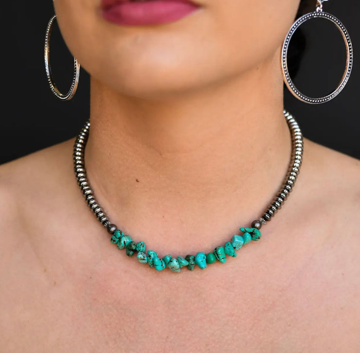 Metalic Silver Disc Beaded Choker Necklace w/ Turquoise Chunk Accent