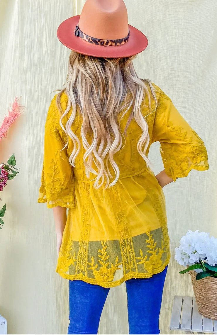 Mustard Floral Embroidered Mesh Tunic Top With Lining