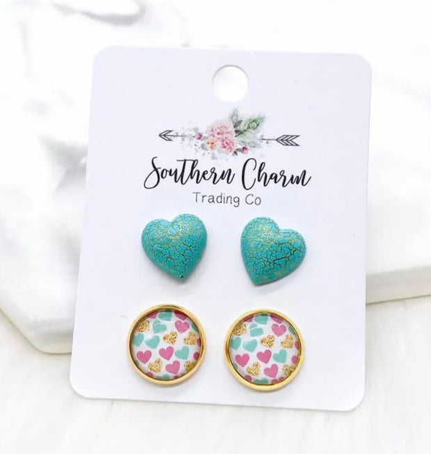 Teal Crackle Hearts & Pink/Teal/Gold Hearts in Gold