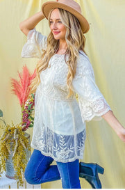 White Floral Embroidered Mesh Tunic Top With Lining