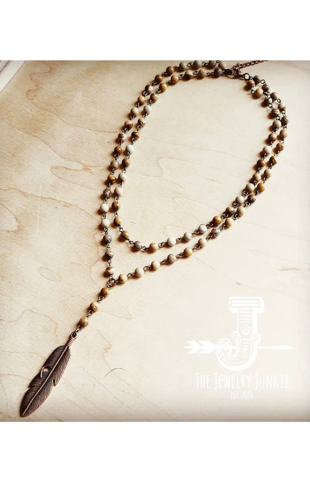DOUBLE STRAND LARIAT JASPER NECKLACE WITH COPPER FEATHER PENDANT