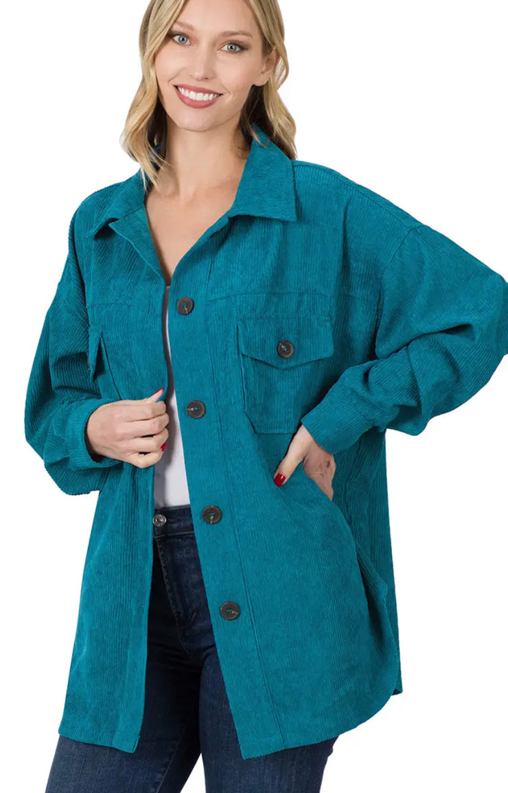 Teal Corduroy Button Front Shacket