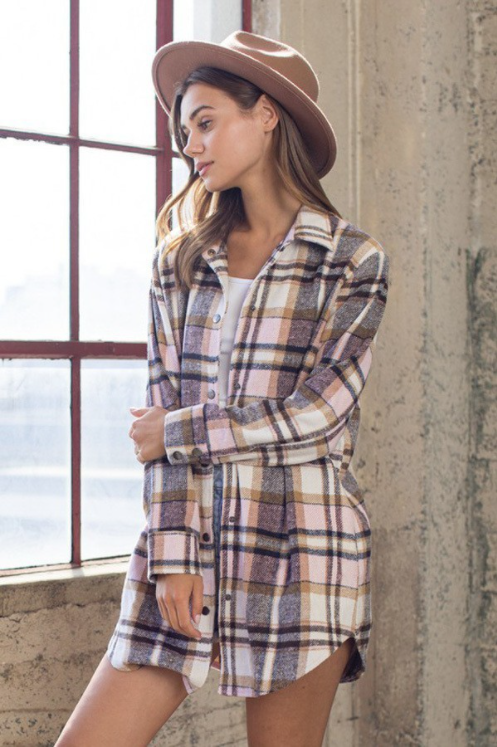 Pink Yarn-Dyed Flannel Long Shirt