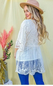 White Floral Embroidered Mesh Tunic Top With Lining