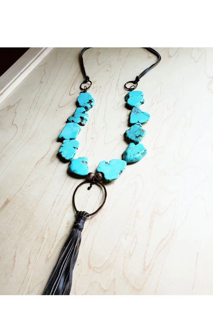 TURQUOISE SLAB NECKLACE WITH LEATHER TASSEL