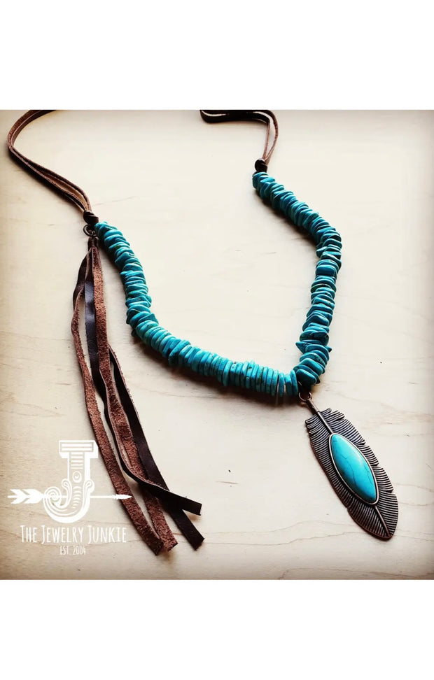 TURQUOISE NECKLACE W/ LEATHER TASSEL AND FEATHER PENDANT