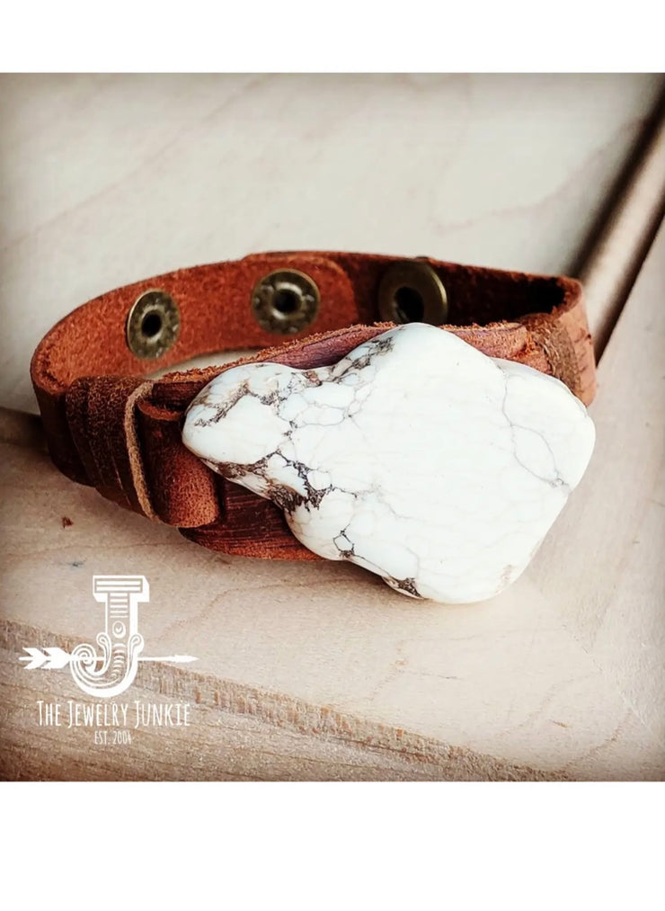 WHITE TURQUOISE CHUNK ON NARROW LEATHER CUFF