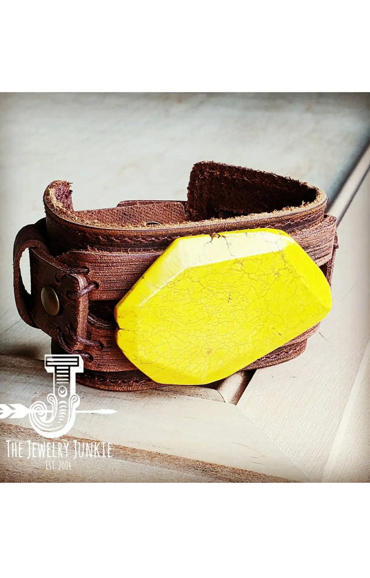 DUSTY LEATHER CUFF WITH YELLOW TURQUOISE SLAB