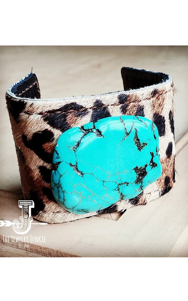 LEOPARD HIDE LEATHER TIE CUFF BRACELET WITH TURQUOISE SLAB