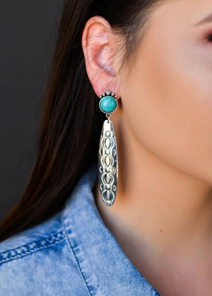 Stamped Silver Elongated Earring on Turquoise Post