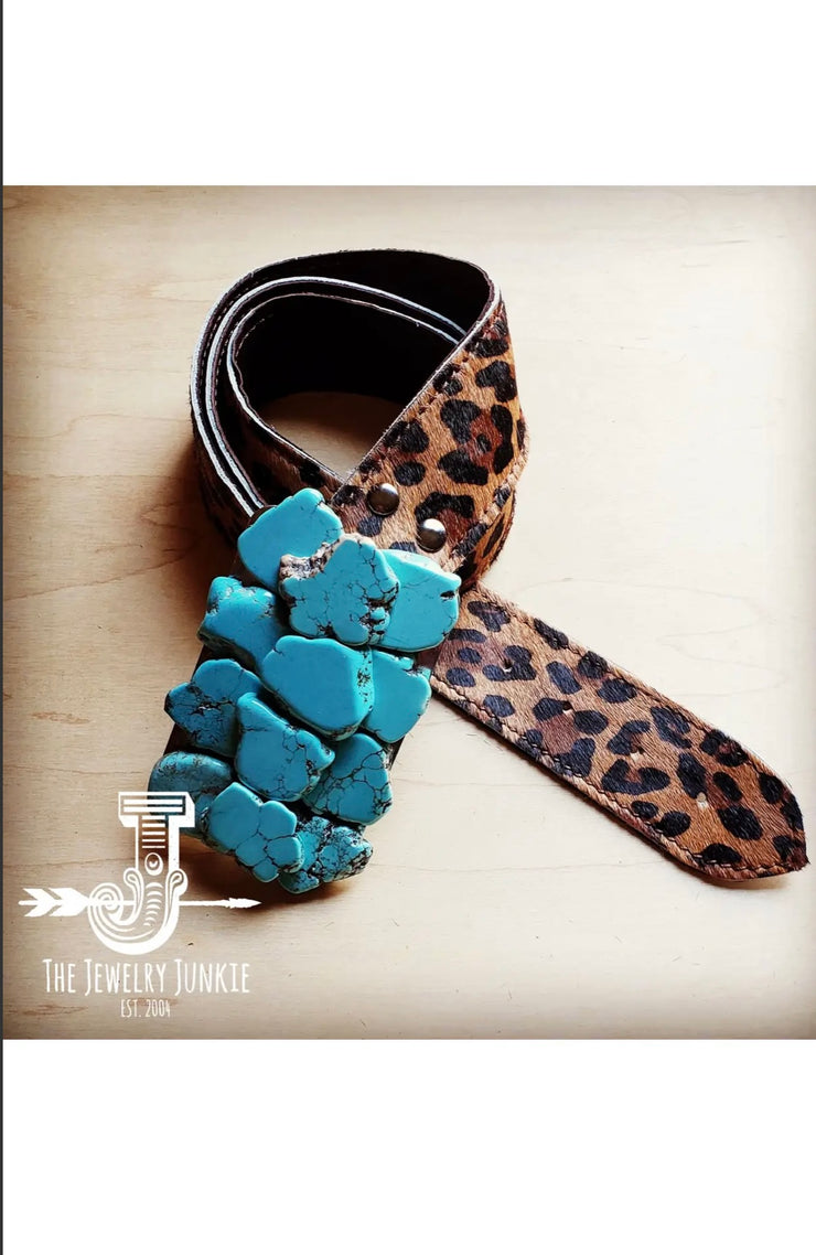 HAIR ON HIDE LEOPARD BELT WITH TURQUOISE BELT BUCKLE