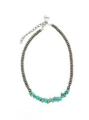 Metalic Silver Disc Beaded Choker Necklace w/ Turquoise Chunk Accent