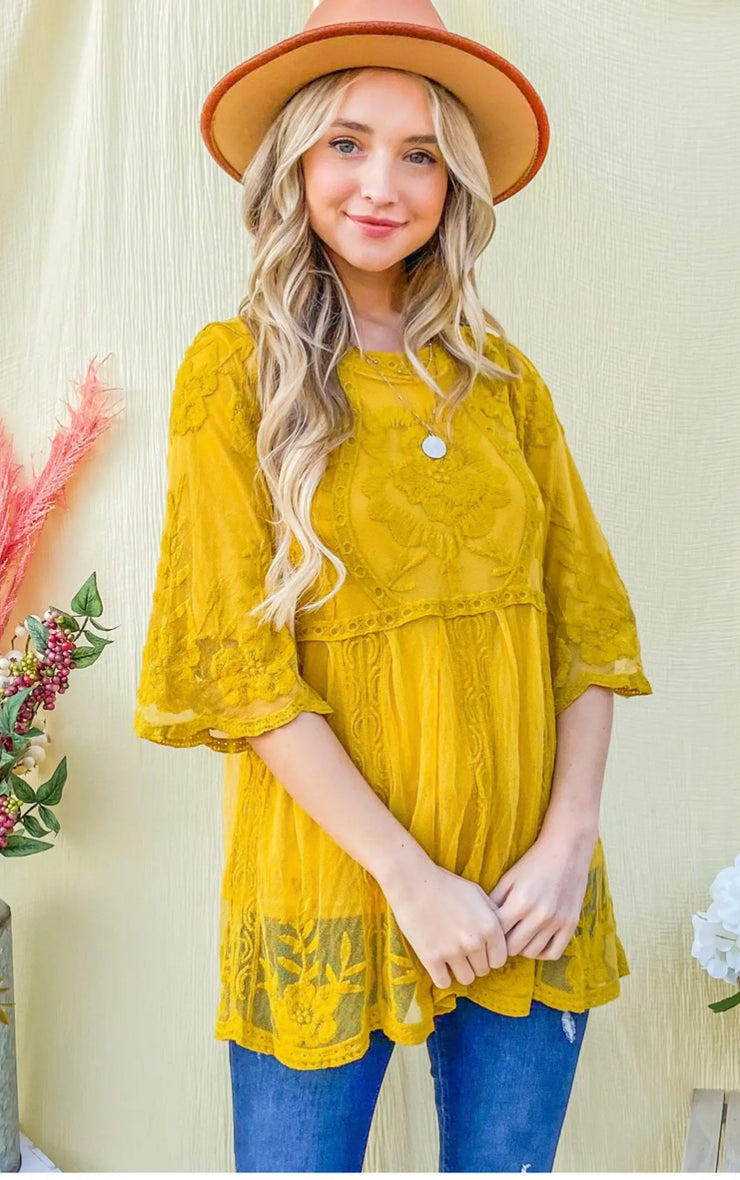 Mustard Floral Embroidered Mesh Tunic Top With Lining