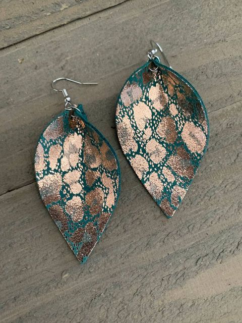 Metallic Rose Gold Green Leopard Leather Earrings