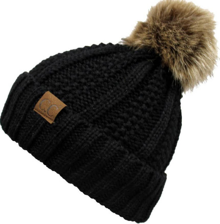 Hat- Black Vertical Knit w/ Fur Pom