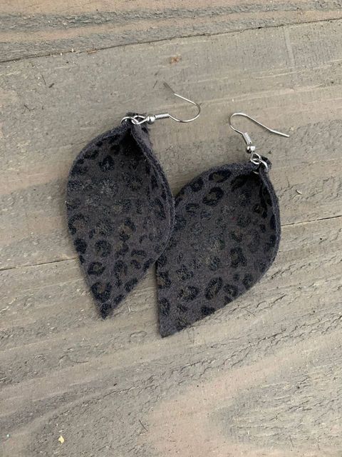 Grey Mini Leopard Suede Leather Earrings